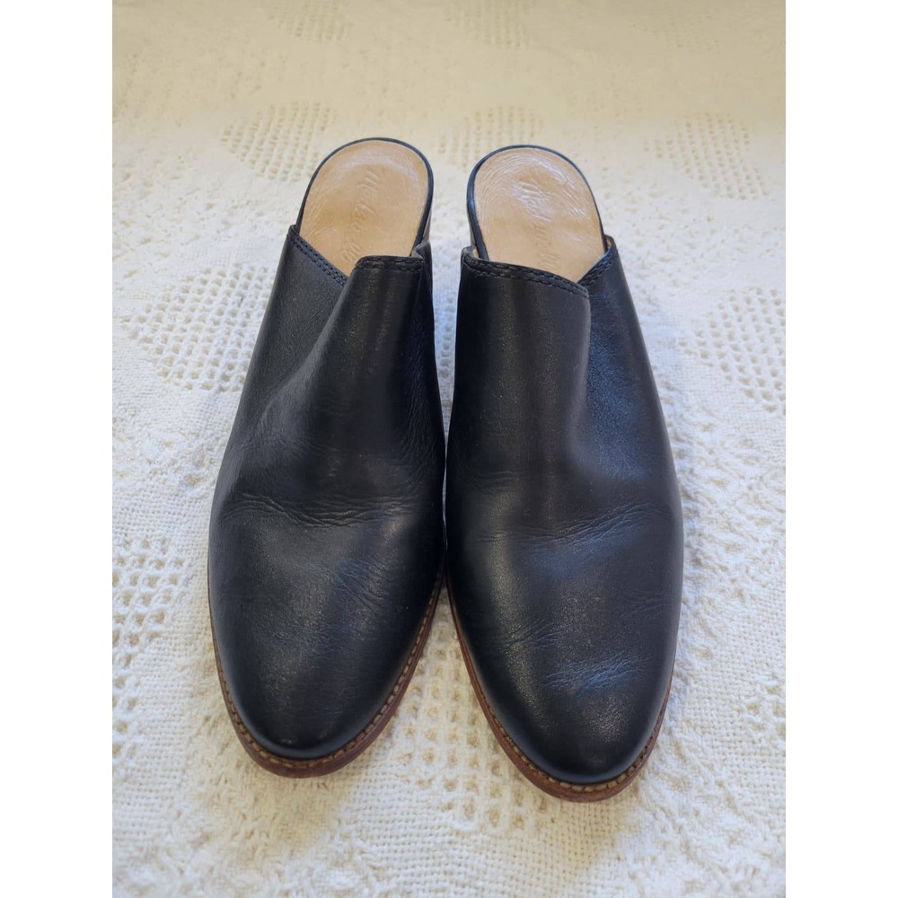 Madewell Black Leather Pointed Toe Block Heel Mules Slip On Shoes Size 9.5 - Picture 6 of 13
